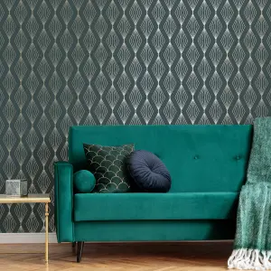 Boutique Marquise Emerald Gold effect Geometric Textured Wallpaper Sample