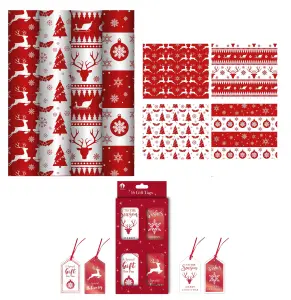 4x 4M Scandi Christmas Wrapping Paper Red White Xmas Gift Wrap 16 Tags