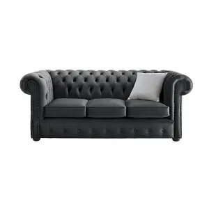 Chesterfield 3 Seater Malta Slate Grey Velvet Fabric Sofa In Classic Style