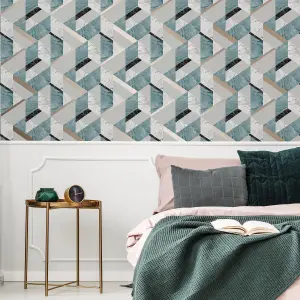 Fresco Marblesque Charcoal, jade & white Rose gold effect Geometric Smooth Wallpaper