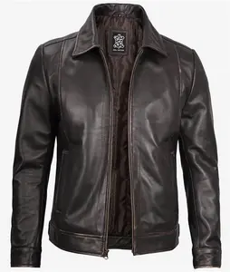 Brown Vintage Leather Jacket - Mens Shirt Collar Leather Jacket