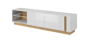 Elegant Arco TV Cabinet with Storage in White Gloss & Oak Grandson - H460mm x W1880mm x D400mm, Optional LED