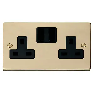 Polished Brass 2 Gang 13A Twin Double Switched Plug Socket - Black Trim - SE Home