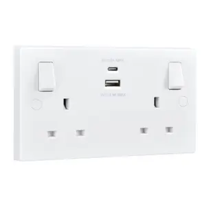 BG White Double 13A Raised square Switched Screwed Socket with USB, x2 & White inserts