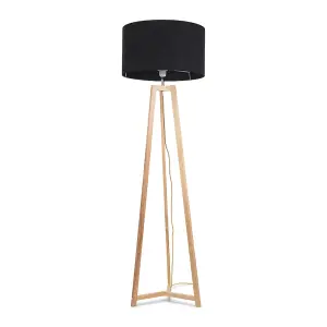 ValueLights Lottie Natural Wood Tripod Floor Lamp with Black Drum Shade