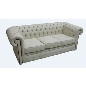 Chesterfield 3 Seater Sofa Settee Charles Cream Linen Fabric In Classic Style