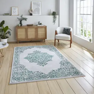 Green Silver Traditional Bordered Abstract Easy To Clean Dining Room Bedroom & Living Room Rug-160cm X 230cm