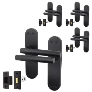 AFIT Matt Black Door Handle Latch Set - 4 Pairs of Internal Lever Latch T-Bar Handles on Backplate & Latches (64mm) - Olvera Range