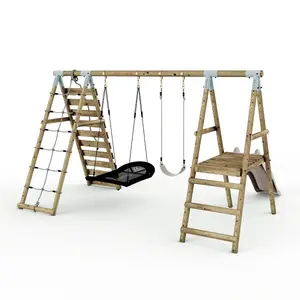 Limited Edition Rebo Wooden Double Swing Set with Slide plus Up and Over Climbing Wall - Quartz - Pastel Pink