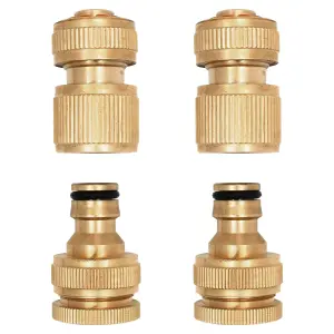 4 Pieces Garden Hose Tap Connector, Solid Brass 1/2" - 3/4" Tap Adapter and 1/2" Hose Pipe Quick Connector