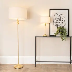 ValueLights Maggie Gold Metal Candlestick Floor Lamp with Cream Boucle Lamp Shade and LED Bulb