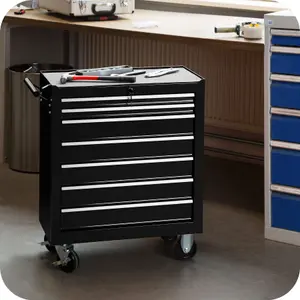 Tool Box - with wheels, 7 drawers, central locking system - black