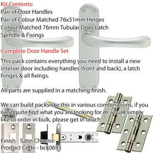 Door Handle & Latch Pack - Satin Chrome - Smooth Lever On Rounded Backplate