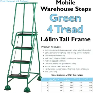 4 Tread Mobile Warehouse Steps GREEN 1.68m Portable Safety Ladder & Wheels