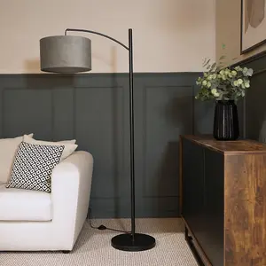 ValueLights Preto Black Metal Curve Stem Living Room Floor Lamp with a Grey Velvet Shade - Bulb Included