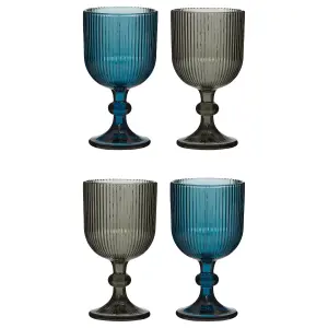 Set of 4 Blue & Grey Ribbed Drinking Glasses Wine Goblets Wedding Decor Ideas 360ml