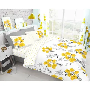 Buford Cotton Blend Floral Duvet Cover Set with Pillowcases Yellow/Grey/White / Double Duvet Cover - 2 Standard Pillowcases