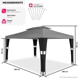 Gazebo Mona - 4 x 3 m, double roof system, water-repellent, 50+ UV protection - black/anthracite