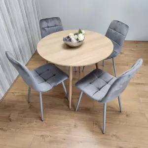 Round Oak Effect Kitchen Dining Table With 4 Grey Velvet Tufted Chairs Dining Set