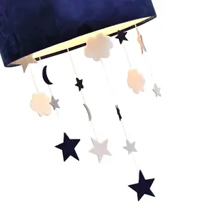 Soft Midnight Blue Velvet Pendant Lamp Shade with Hanging Felt Stars and Clouds