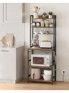 VASAGLE Kitchen Storage Rack With Power Outlet, Coffee Bar, Baker's Rack,With Metal Wire Panel,14 Hooks,For Microwave, Steel Frame