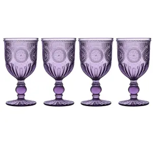 Set of 4 Vintage Luxury Purple Embossed Drinking Wine Glass Wine Goblets 290ml