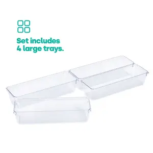 LIVIVO 4Pcs Clear Plastic Drawer Organiser, Versatile Desk & Kitchen Drawer Organiser - Tray for Makeup & Office Supplies - Large