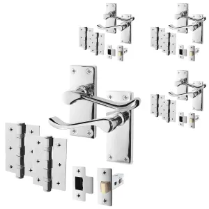 AFIT Polished Chrome Victorian Scroll Door Handle Latch Set - 4 Pairs of Internal Handles with Hinges (76mm) & Latch (66mm)