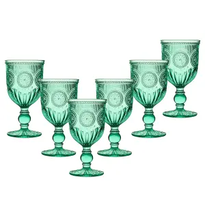 Set of 6 Vintage Luxury Turquoise Embossed Drinking Wine Glass Wine Goblets 290ml