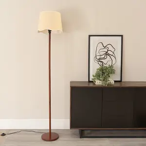 ValueLights Heather Dark Wood Stem Floor Lamp with Scallop White Trim Tapered Shade and LED Bulb