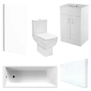 Modern Bathroom 3 Piece Suite 1700 x 700 Bath, Waterproof Front Panel, Close Coupled WC, 2 Door Vanity Unit