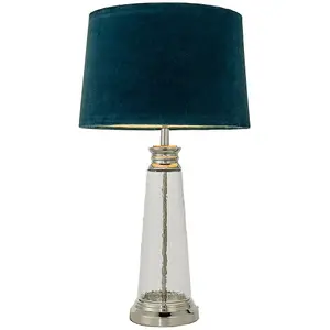 Luxury Table Lamp Textured Hammered Clear Glass & Teal Velvet Fabric Shade Light