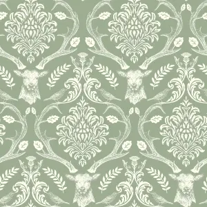 Stag Damask Sage Green Wallpaper