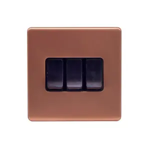 Brushed Copper Screwless Plate 10A 3 Gang 2 Way Light Switch - Black Trim - SE Home