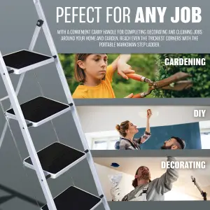 Foldable 4 Step Steel Ladder - Non Slip Tread Stepladder Safety Kitchen, Home, Industrial DIY Steel Construction Strong & Durable