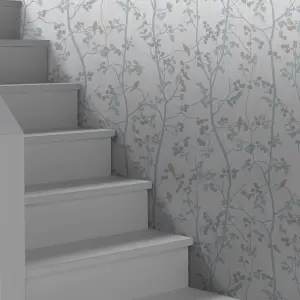 GoodHome Bromus Blue Metallic effect Floral Textured Wallpaper Sample