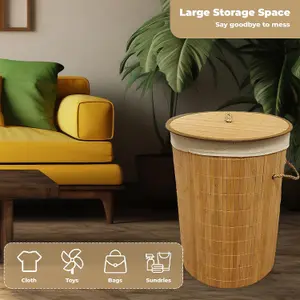 Mantraraj 85L Eco Friendly Round Bamboo Folding Laundry Basket Bin With Lid And Cloth Liner Collapsible Laundry Hamper Bin