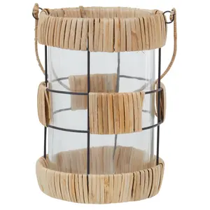 Interiors by Premier Natural Rattan Large Lantern, Rustic and Stylish Glass Lantern, Black Metal and Clear Glass Candle Lantern