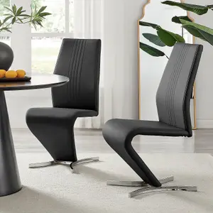 Set of 2 Willow Black Soft Touch Faux Leather Z Shaped Metal Cantilever Chrome Leg Dining Chair