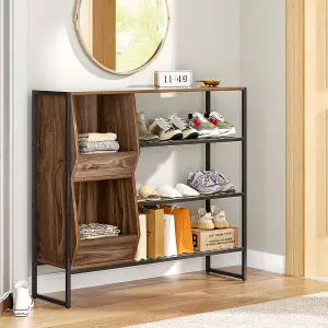 3-Tier Shoe Rack with Metal Frame and Walnut Storage Cubbies