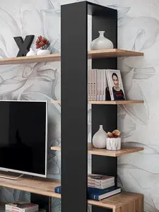 Eco Contemporary Entertainment Media Unit 1 Door Shelves Oak Wotan Effect & Black (W)1900mm (H)1520mm (D)350mm