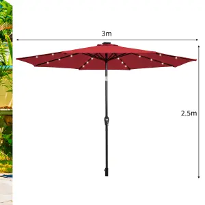 Costway 3M Garden Parasol 24 Solar Power LED Lights Patio Umbrella with Tilt and Crank Handle Wine Red