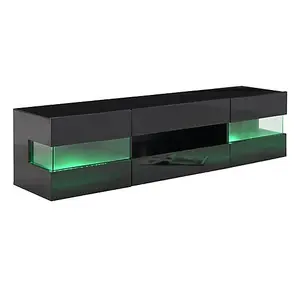 Kirsten TV Stand With Storage for Living Room and Bedroom, 1690 Wide, LED Lighting, Media Storage, Black High Gloss Finish