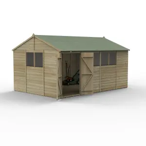 Forest Garden Beckwood Shiplap 10x15 ft Reverse apex Natural timber Wooden Pressure treated 2 door Shed with floor & 6 windows - Assembly service included