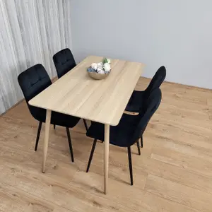 Rectangle Oak Effect Kitchen Dining Table With 4 Black Velvet Tufted Chairs Dining Set