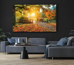 Woodland Bridge Autumn Tranqulity Canvas Print Wall Art - Medium 20 x 32 Inches