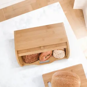 Woodluv Bread Bin Countertop Bread Storage for Kitchen With Roll Top Lid, 40 x 27 x 16.5 cm