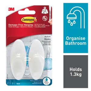 3M Command Medium Clear Bath Hook (Holds)1.3kg, Pack of 2