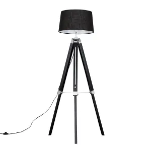 ValueLights Clipper Black Wood and Silver Chrome Tripod Floor Lamp with Black Tapered Shade - Complete with 6w LED GLS Bulb