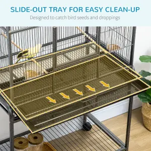 PawHut Rolling Bird Cage w/ Detachable stand Storage Shelf Wood Perch Food Cup